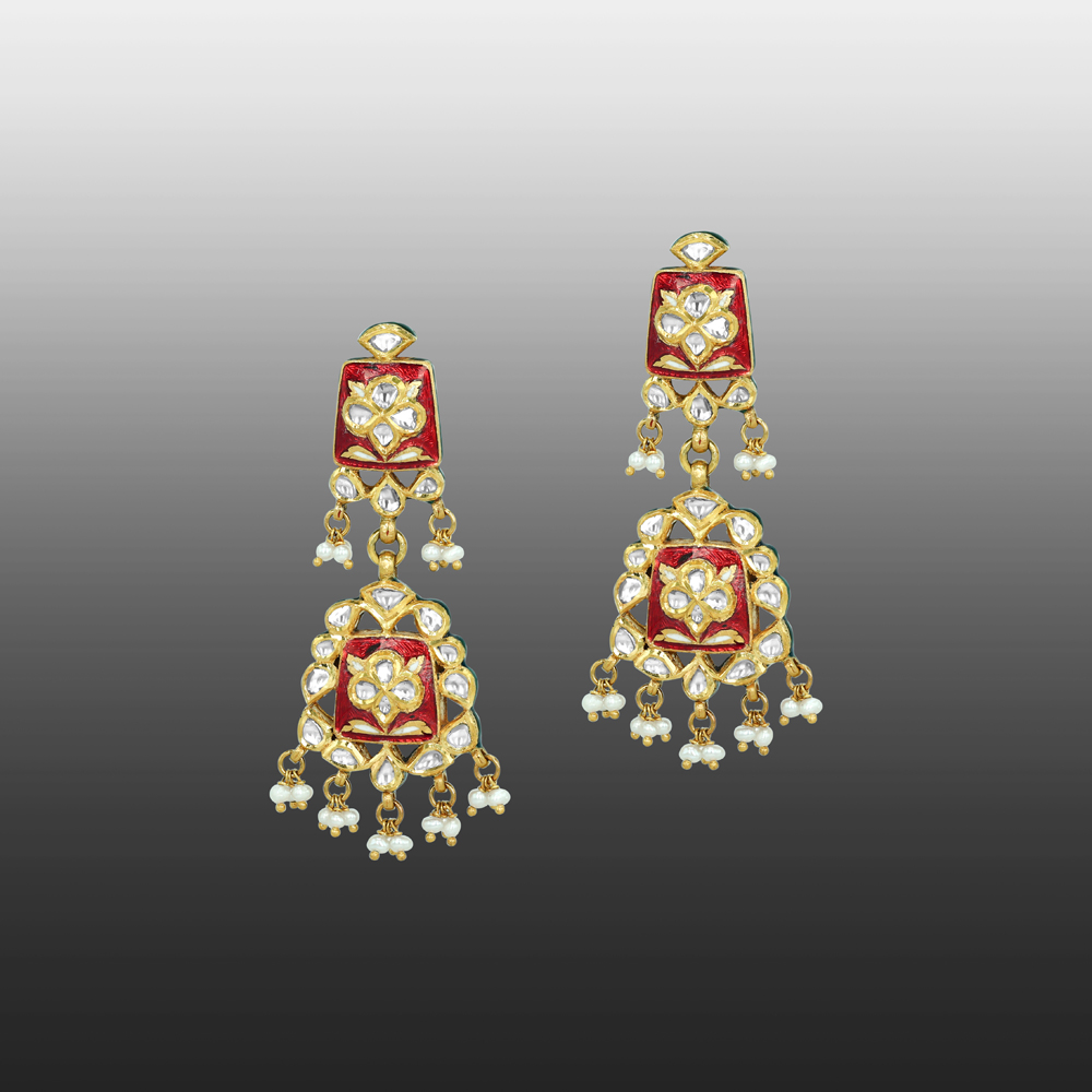 Red Enamel Polki Earrings with Floral Motifs and Cheed Pearls